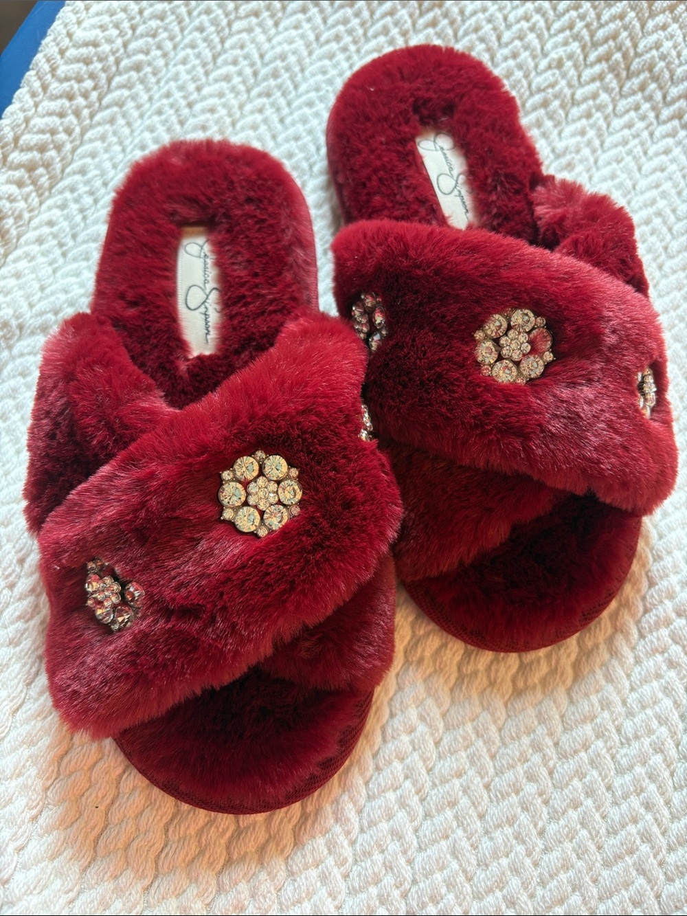 Burgundy Faux Fur Slide Slippers with Crystal Accents